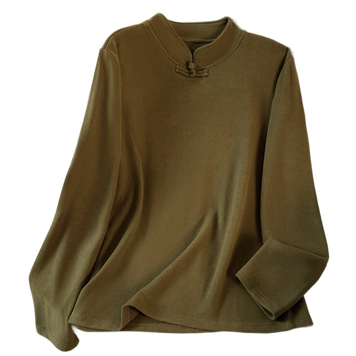 Koszula damska z długim rękawem z bawełny Buddha Stones Spring w jednolitym kolorze ze stójką i guzikami w kształcie żaby - image 23