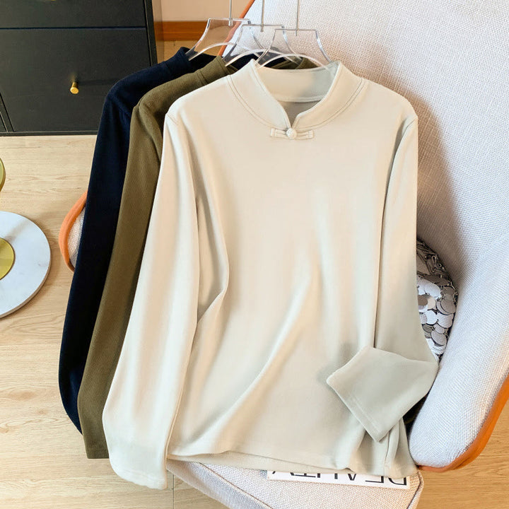 Koszula damska z długim rękawem z bawełny Buddha Stones Spring w jednolitym kolorze ze stójką i guzikami w kształcie żaby - AntiqueWhite - US8-10，UK/AU12-14，EU40-42 (2XL) - image 0