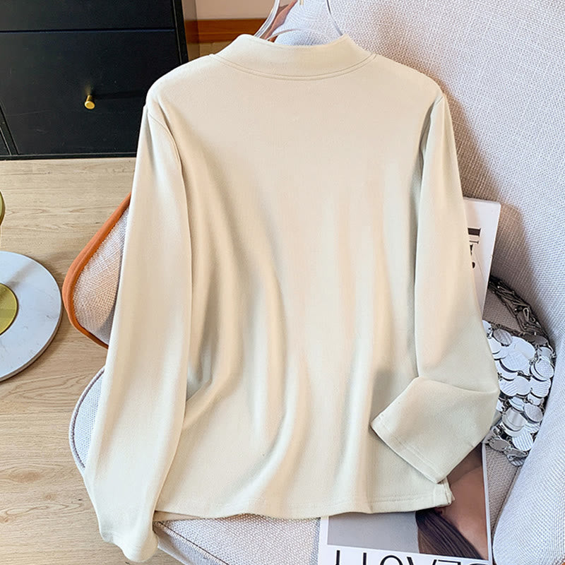 Koszula damska z długim rękawem z bawełny Buddha Stones Spring w jednolitym kolorze ze stójką i guzikami w kształcie żaby - image 3