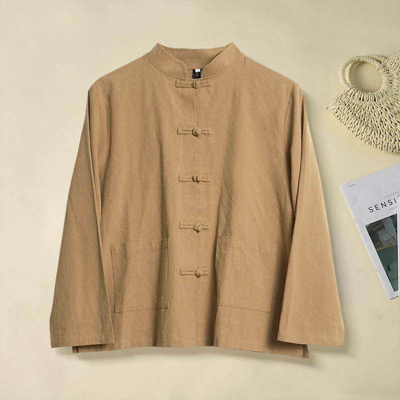 Koszula damska bawełniana z długim rękawem i stójką, z kieszeniami i etnicznymi guzikami żaby z motywem Buddha Stones - DarkGoldenrod - US12, UK/AU16, EU44 (2XL) - image 0