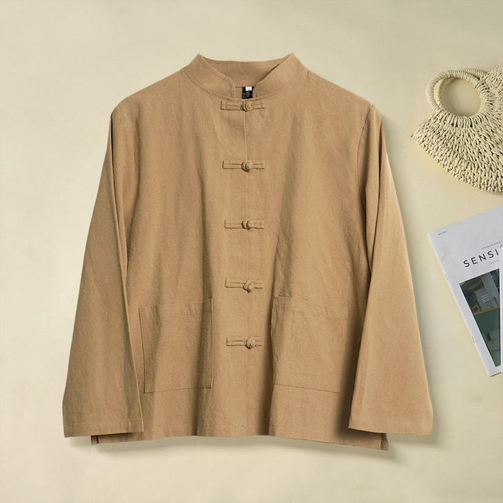 Koszula damska bawełniana z długim rękawem i stójką, z kieszeniami i etnicznymi guzikami żaby z motywem Buddha Stones - DarkGoldenrod - US12, UK/AU16, EU44 (2XL) - image 0