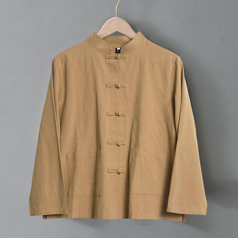 Koszula damska bawełniana z długim rękawem i stójką, z kieszeniami i etnicznymi guzikami żaby z motywem Buddha Stones - image 1