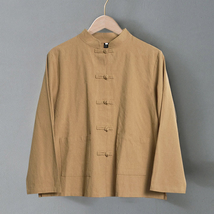 Koszula damska bawełniana z długim rękawem i stójką, z kieszeniami i etnicznymi guzikami żaby z motywem Buddha Stones - image 1