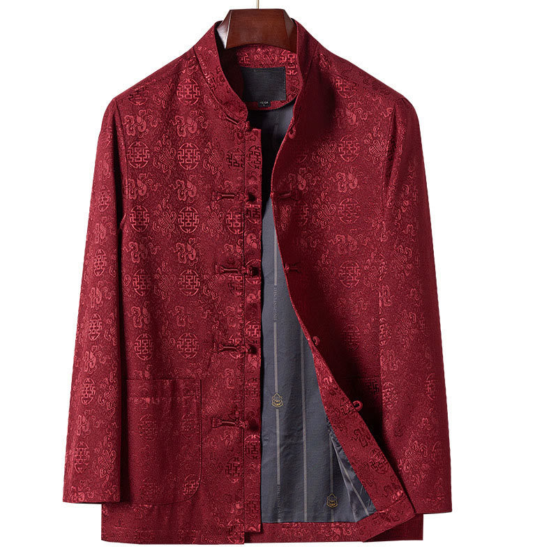 Męska kurtka typu Tang z długim rękawem i kieszeniami, haftowanymi Buddha Stones , kołnierzem stojącym - Ciemnoczerwony - US/UK/AU42， EU52 (3XL) - image 1