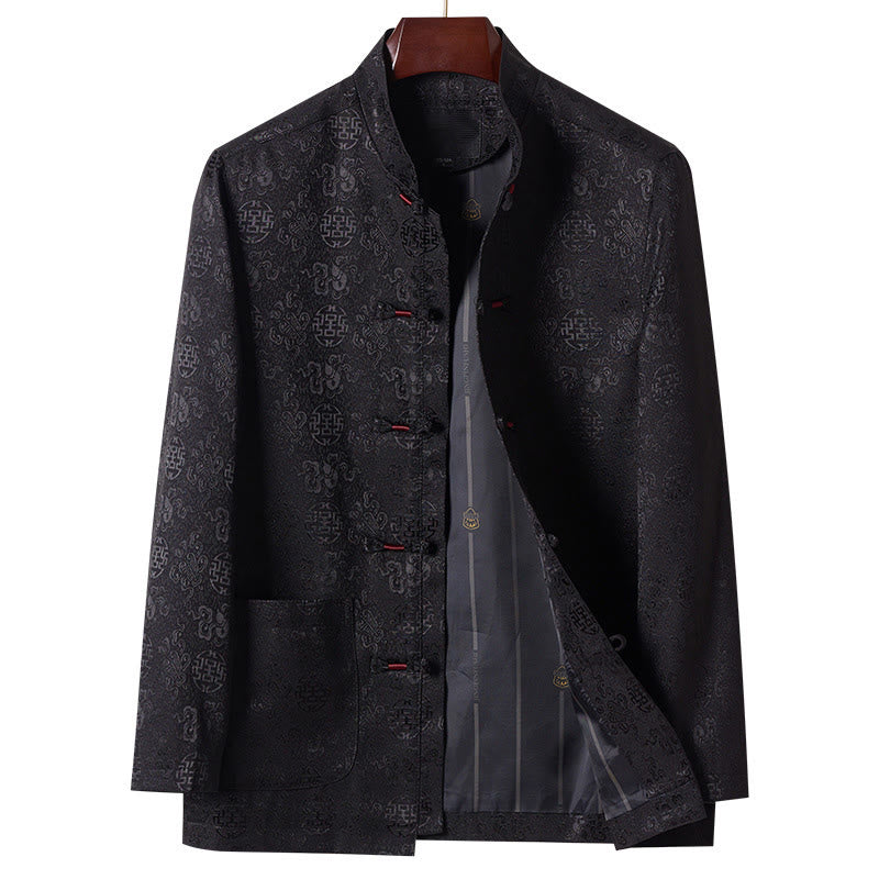 Męska kurtka typu Tang z długim rękawem i kieszeniami, haftowanymi Buddha Stones , kołnierzem stojącym - Czarny - US/UK/AU42， EU52 (3XL) - image 11