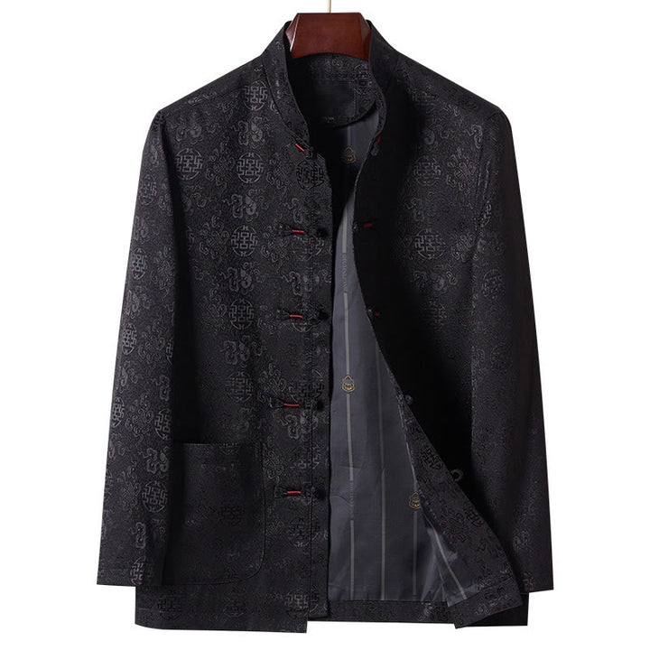 Męska kurtka typu Tang z długim rękawem i kieszeniami, haftowanymi Buddha Stones , kołnierzem stojącym - Czarny - US/UK/AU42， EU52 (3XL) - image 11