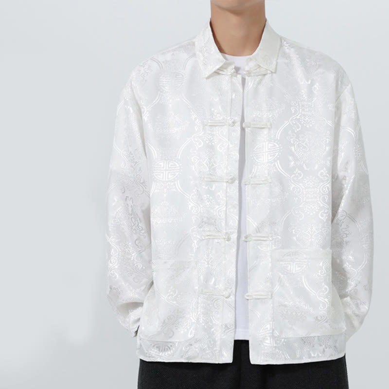 Buddha Stones Wiosna Żakardowa Kurtka z Długim Rękawem Męski Garnitur Tang Marynarka z Żabkami i Kieszeniami - Śnieg - US/UK/AU46， EU56 (5XL) - image 19