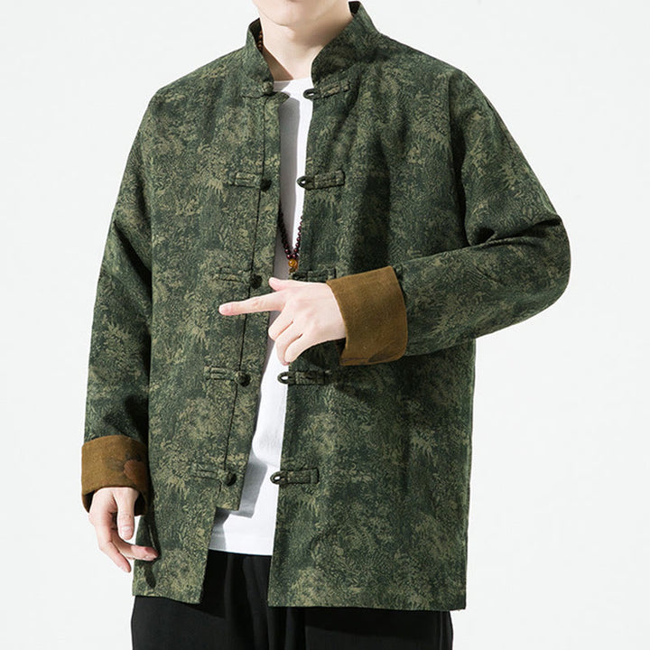 Męska bawełniana kurtka z długim rękawem i nadrukiem w kwiaty z Buddha Stones, zapinana na guziki z żabą chińską - image 4