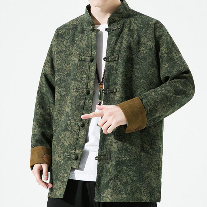 Męska bawełniana kurtka z długim rękawem i nadrukiem w kwiaty z Buddha Stones, zapinana na guziki z żabą chińską - image 3