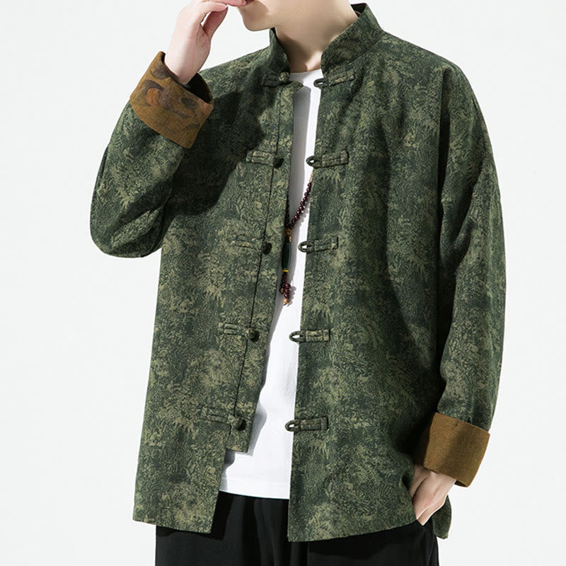 Męska bawełniana kurtka z długim rękawem i nadrukiem w kwiaty z Buddha Stones, zapinana na guziki z żabą chińską - image 1