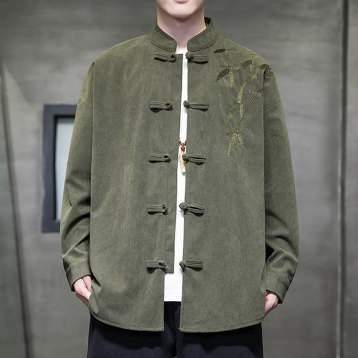 Kurtka męska z długim rękawem z bawełny sztruksowej z haftem chińskim i bambusem w kształcie Buddha Stones - Oliwkowy - US/UK/AU48， EU58(5XL) - image 0