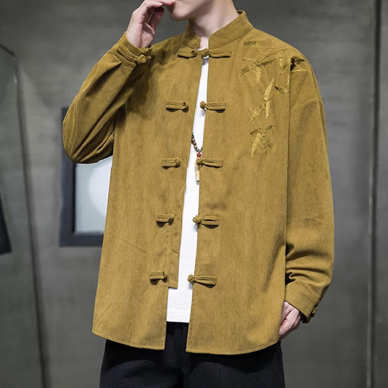 Kurtka męska z długim rękawem z bawełny sztruksowej z haftem chińskim i bambusem w kształcie Buddha Stones - image 8