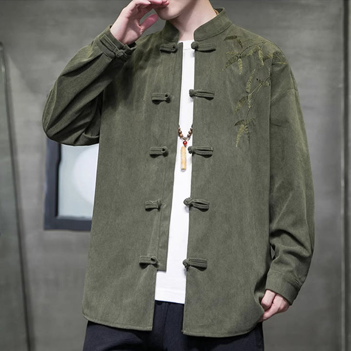 Kurtka męska z długim rękawem z bawełny sztruksowej z haftem bambusowym i żabą, z Buddha Stones - image 1