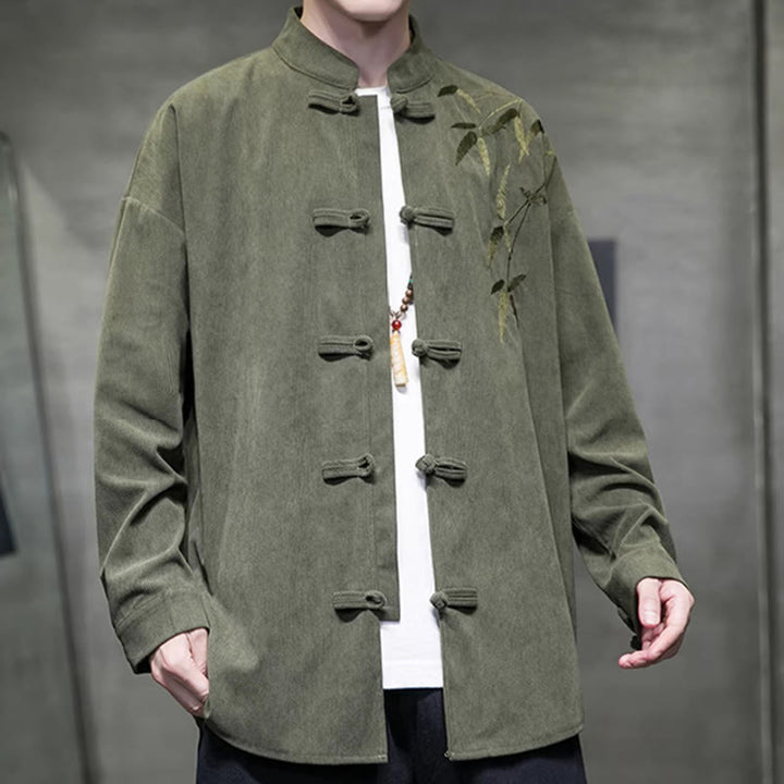 Kurtka męska z długim rękawem z bawełny sztruksowej z haftem chińskim i bambusem w kształcie Buddha Stones - image 2