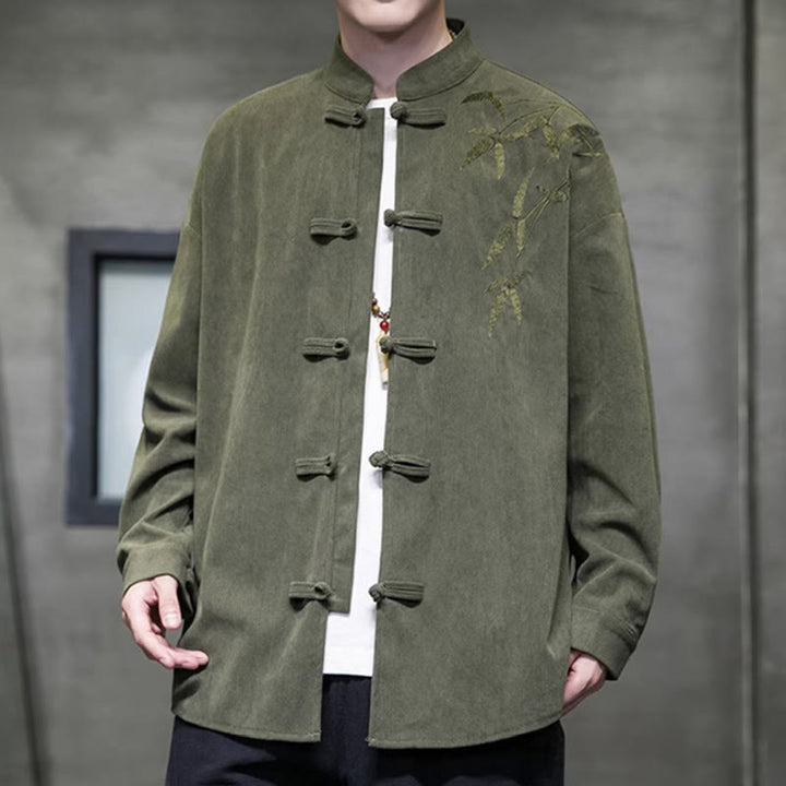 Kurtka męska z długim rękawem z bawełny sztruksowej z haftem chińskim i bambusem w kształcie Buddha Stones - image 3