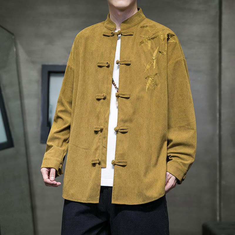 Kurtka męska z długim rękawem z bawełny sztruksowej z haftem chińskim i bambusem w kształcie Buddha Stones - Nawłoć - US/UK/AU48， EU58(5XL) - image 7