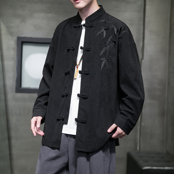 Kurtka męska z długim rękawem z bawełny sztruksowej z haftem chińskim i bambusem w kształcie Buddha Stones - Czarny - US/UK/AU48， EU58(5XL) - image 28