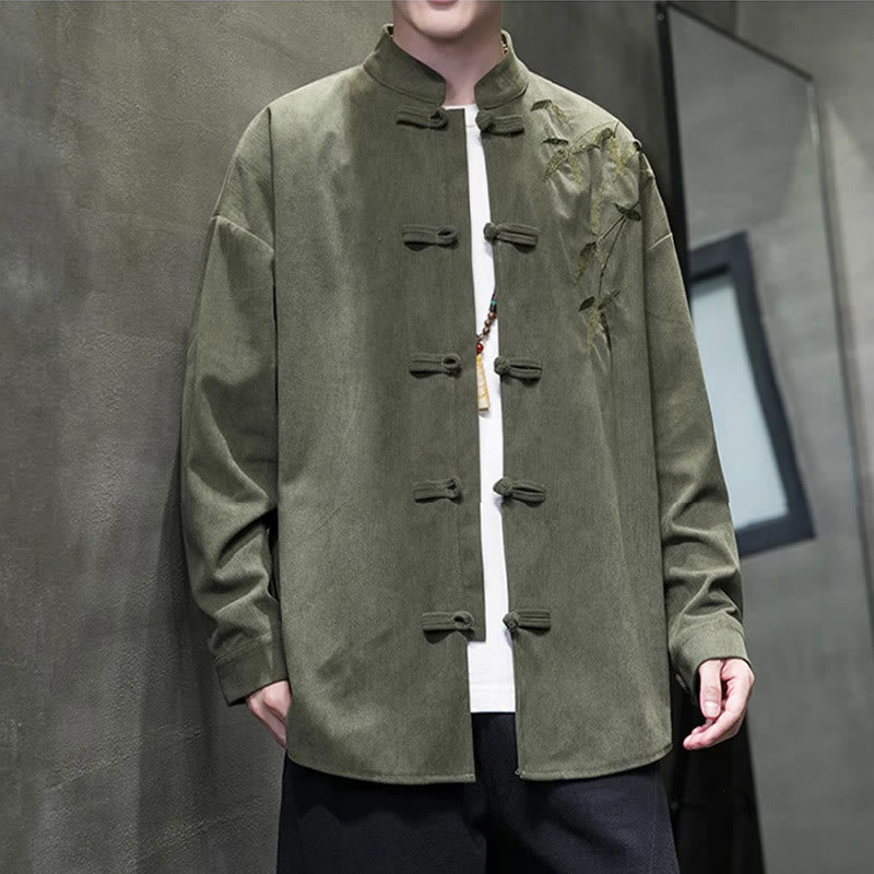 Kurtka męska z długim rękawem z bawełny sztruksowej z haftem chińskim i bambusem w kształcie Buddha Stones - image 4