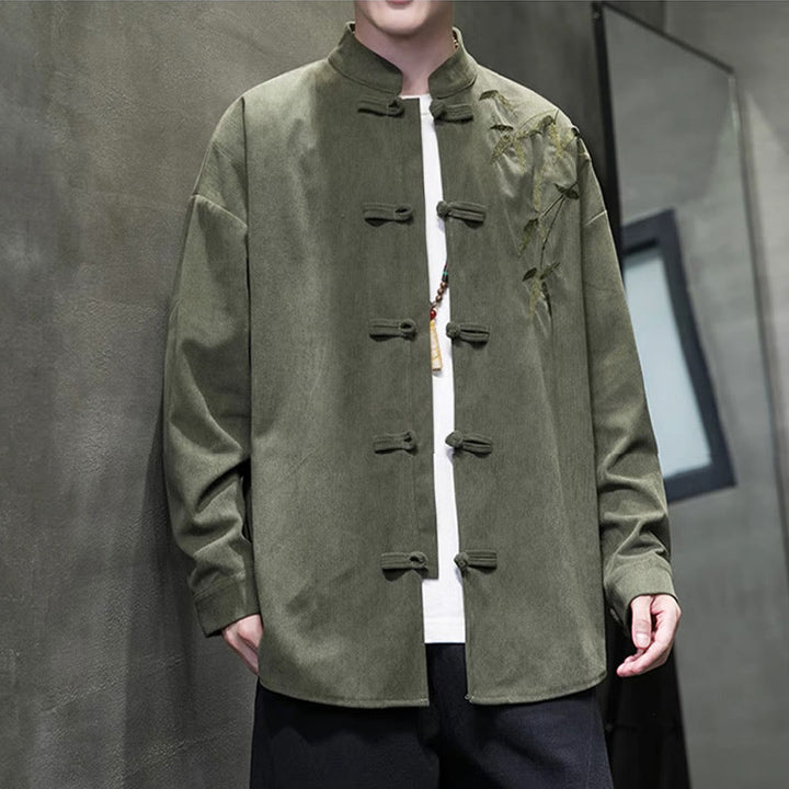 Kurtka męska z długim rękawem z bawełny sztruksowej z haftem chińskim i bambusem w kształcie Buddha Stones - image 4