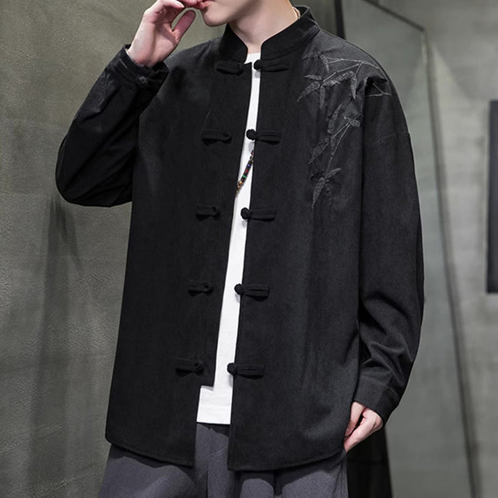 Kurtka męska z długim rękawem z bawełny sztruksowej z haftem chińskim i bambusem w kształcie Buddha Stones - image 36