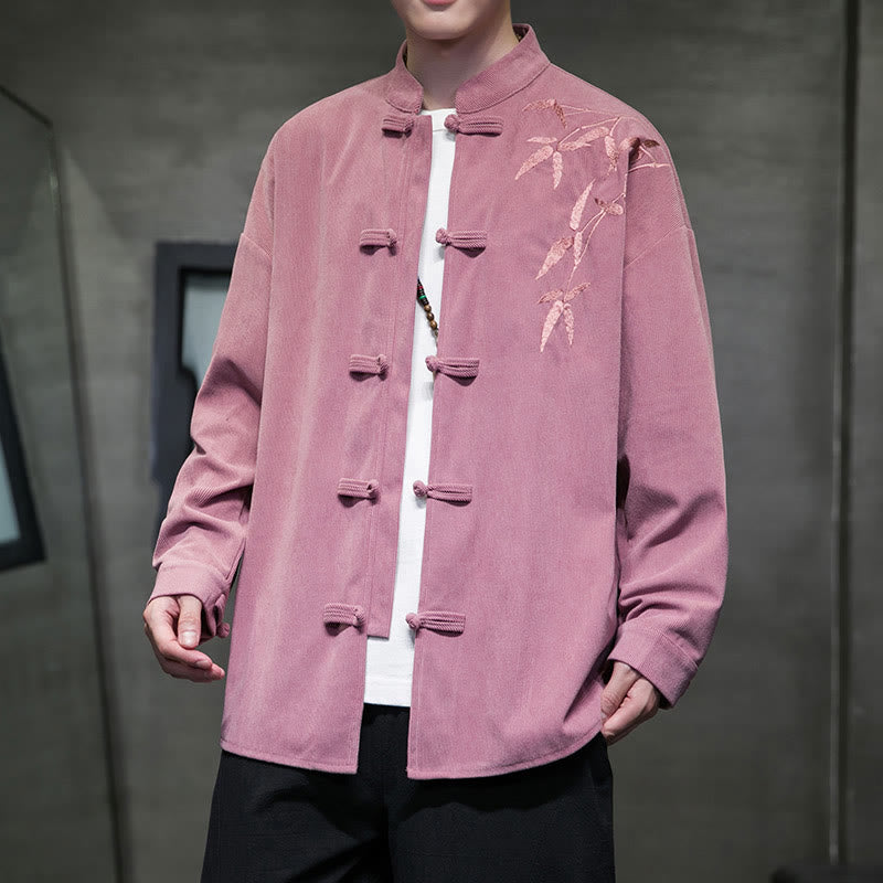 Kurtka męska z długim rękawem z bawełny sztruksowej z haftem chińskim i bambusem w kształcie Buddha Stones - Gorący róż - US/UK/AU48， EU58(5XL) - image 18