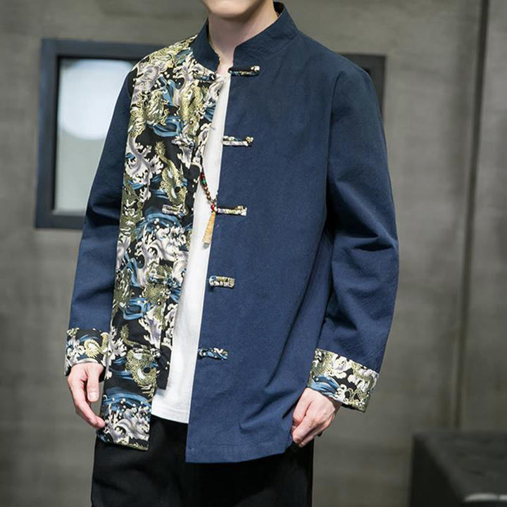 Kurtka męska z długim rękawem z bawełny z nadrukiem w kontrastowym kolorze i wzorem smoka z motywem Buddha Stones , zapinana na guziki - image 22
