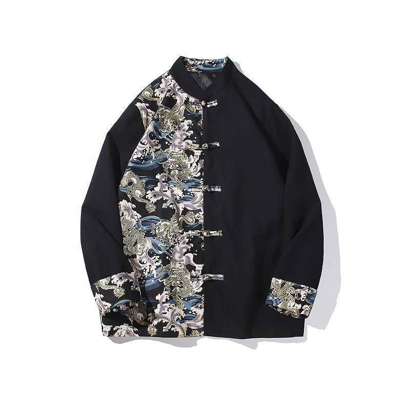 Kurtka męska z długim rękawem z bawełny z nadrukiem w kontrastowym kolorze i wzorem smoka z motywem Buddha Stones , zapinana na guziki - image 20