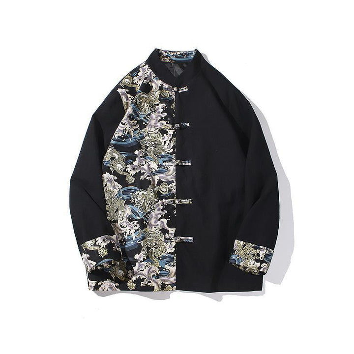 Kurtka męska z długim rękawem z bawełny z nadrukiem w kontrastowym kolorze i wzorem smoka z motywem Buddha Stones , zapinana na guziki - image 20