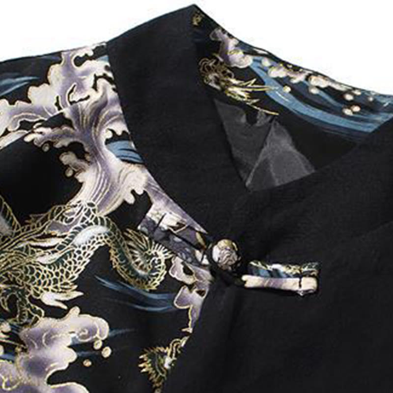 Kurtka męska z długim rękawem z bawełny z nadrukiem w kontrastowym kolorze i wzorem smoka z motywem Buddha Stones , zapinana na guziki - image 17