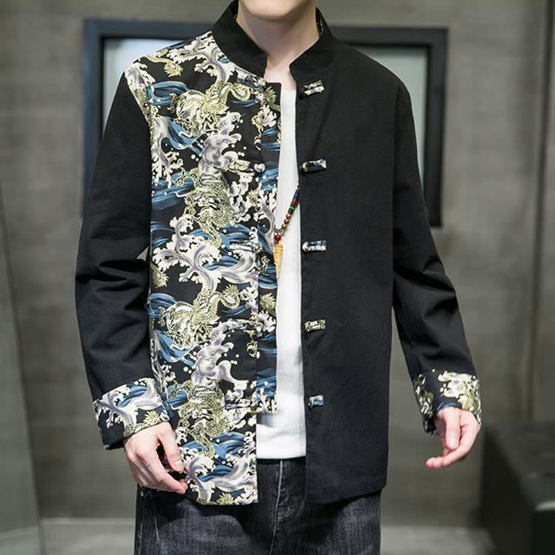 Kurtka męska z długim rękawem z bawełny z nadrukiem w kontrastowym kolorze i wzorem smoka z motywem Buddha Stones , zapinana na guziki - image 13