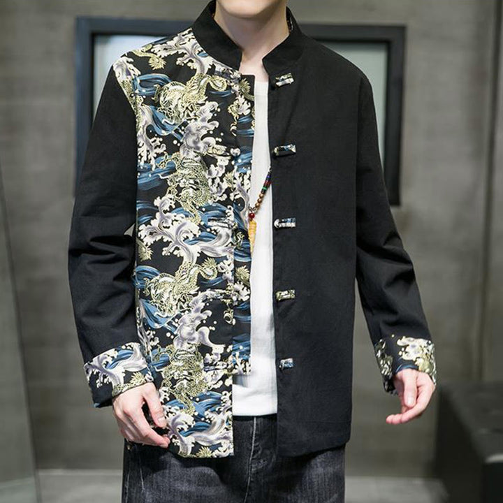 Kurtka męska z długim rękawem z bawełny z nadrukiem w kontrastowym kolorze i wzorem smoka z motywem Buddha Stones , zapinana na guziki - image 13