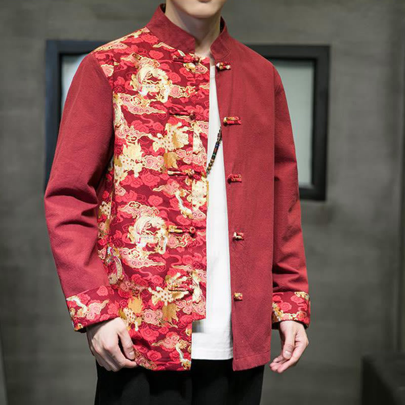 Kurtka męska z długim rękawem z bawełny z nadrukiem w kontrastowym kolorze i wzorem smoka z motywem Buddha Stones , zapinana na guziki - image 3