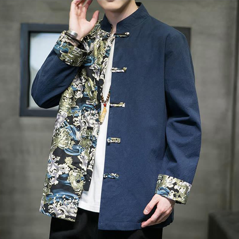 Kurtka męska z długim rękawem z bawełny z nadrukiem w kontrastowym kolorze i wzorem smoka z motywem Buddha Stones , zapinana na guziki - image 24