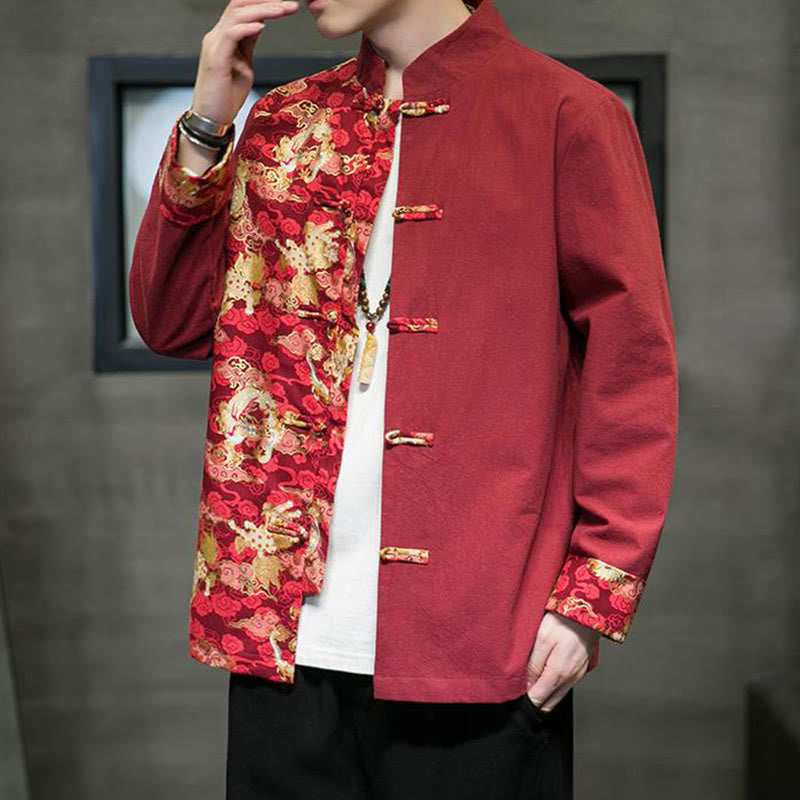 Kurtka męska z długim rękawem z bawełny z nadrukiem w kontrastowym kolorze i wzorem smoka z motywem Buddha Stones , zapinana na guziki - image 4