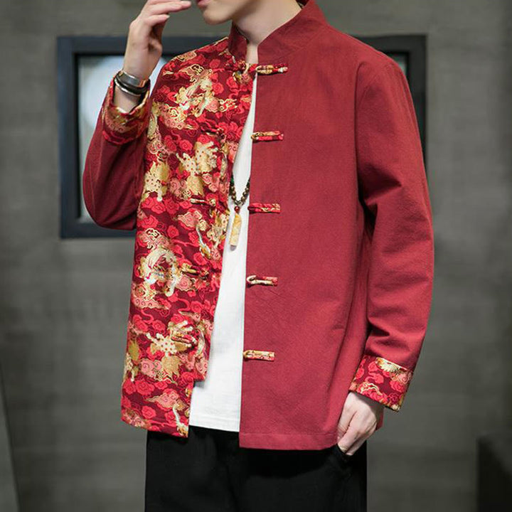 Kurtka męska z długim rękawem z bawełny z nadrukiem w kontrastowym kolorze i wzorem smoka z motywem Buddha Stones , zapinana na guziki - image 4