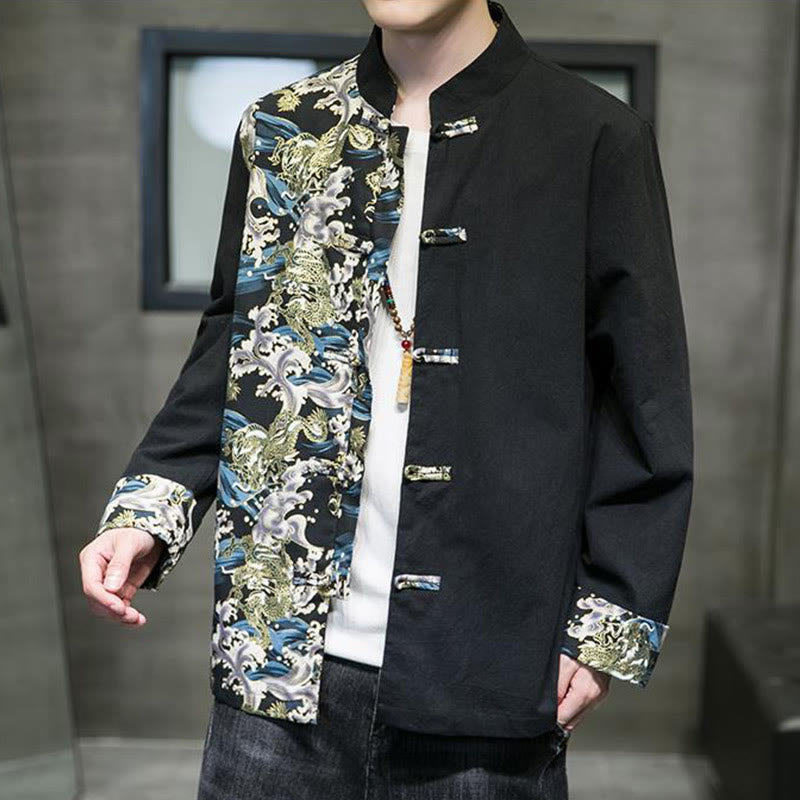 Kurtka męska z długim rękawem z bawełny z nadrukiem w kontrastowym kolorze i wzorem smoka z motywem Buddha Stones , zapinana na guziki - image 12