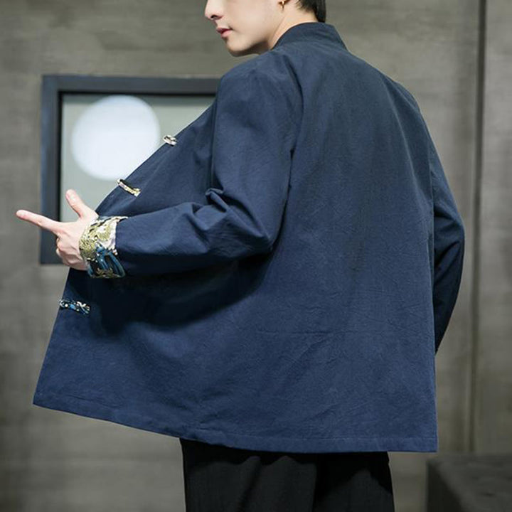 Kurtka męska z długim rękawem z bawełny z nadrukiem w kontrastowym kolorze i wzorem smoka z motywem Buddha Stones , zapinana na guziki - image 25