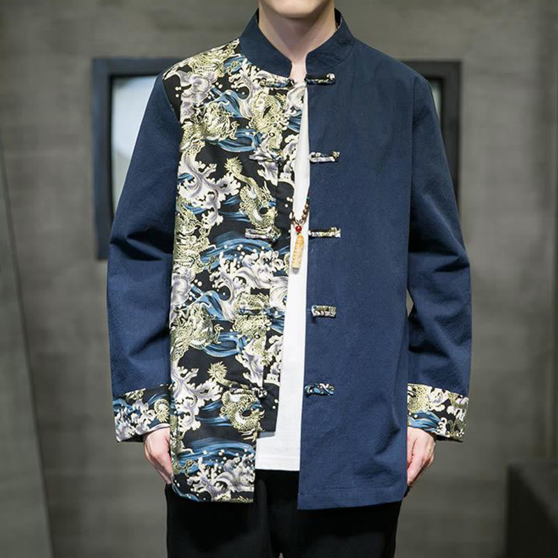 Kurtka męska z długim rękawem z bawełny z nadrukiem w kontrastowym kolorze i wzorem smoka z motywem Buddha Stones , zapinana na guziki - image 23