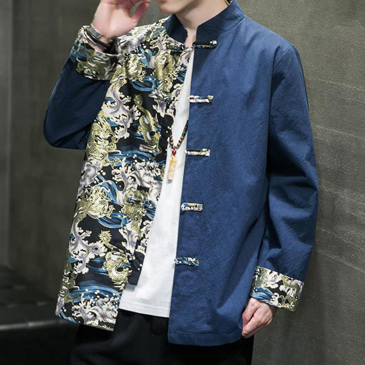 Kurtka męska z długim rękawem z bawełny z nadrukiem w kontrastowym kolorze i wzorem smoka z motywem Buddha Stones , zapinana na guziki - image 26