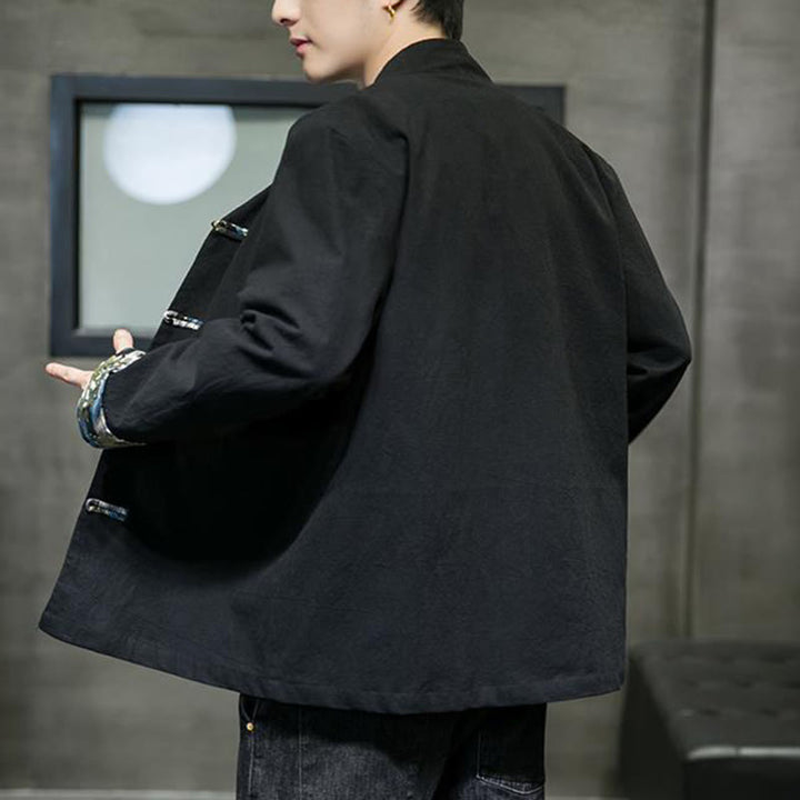 Kurtka męska z długim rękawem z bawełny z nadrukiem w kontrastowym kolorze i wzorem smoka z motywem Buddha Stones , zapinana na guziki - image 14