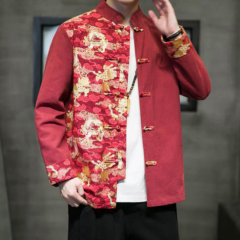 Kurtka męska z długim rękawem z bawełny z nadrukiem w kontrastowym kolorze i wzorem smoka z motywem Buddha Stones , zapinana na guziki - image 5