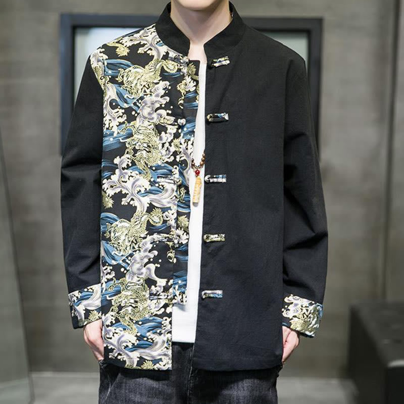Kurtka męska z długim rękawem z bawełny z nadrukiem w kontrastowym kolorze i wzorem smoka z motywem Buddha Stones , zapinana na guziki - image 11