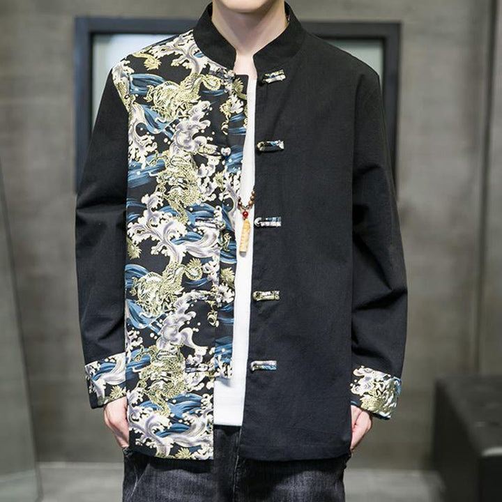Kurtka męska z długim rękawem z bawełny z nadrukiem w kontrastowym kolorze i wzorem smoka z motywem Buddha Stones , zapinana na guziki - image 11