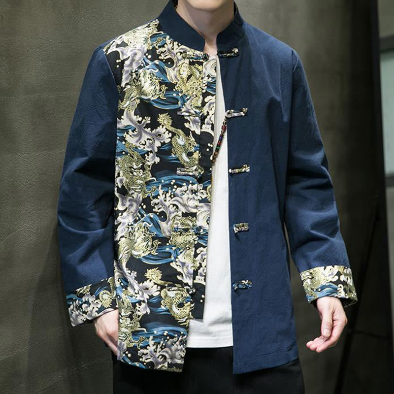 Kurtka męska z długim rękawem z bawełny z nadrukiem w kontrastowym kolorze i wzorem smoka z motywem Buddha Stones , zapinana na guziki - image 27