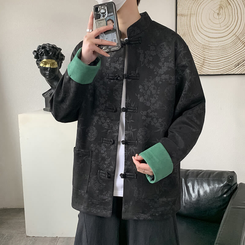 Kurtka męska z długim rękawem z bawełny Buddha Stones Fall Jacquard Bamboo Frog-guziki i kieszeniami - Czarny - US/UK/AU46， EU56 (5XL) - image 5