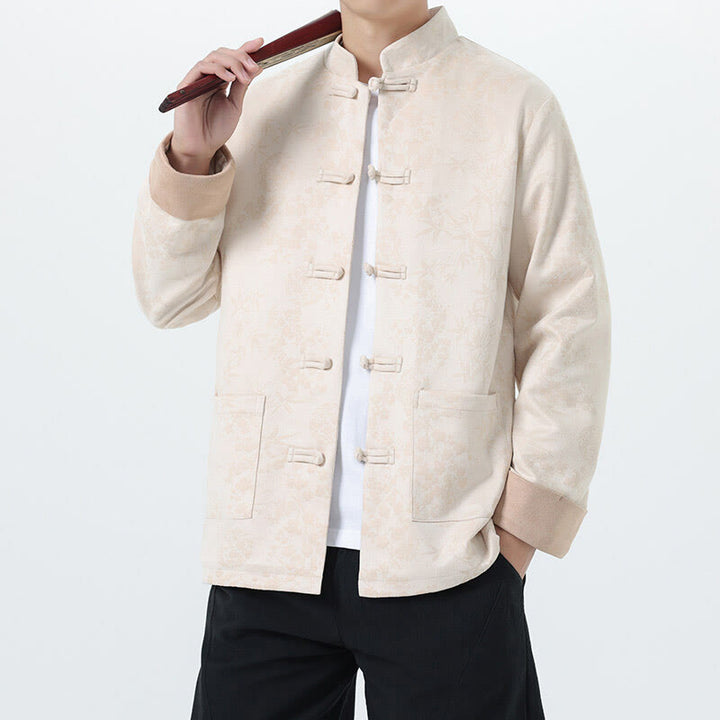 Kurtka męska z długim rękawem z bawełny Buddha Stones Fall Jacquard Bamboo Frog-guziki i kieszeniami - OldLace - US/UK/AU46， EU56 (5XL) - image 18