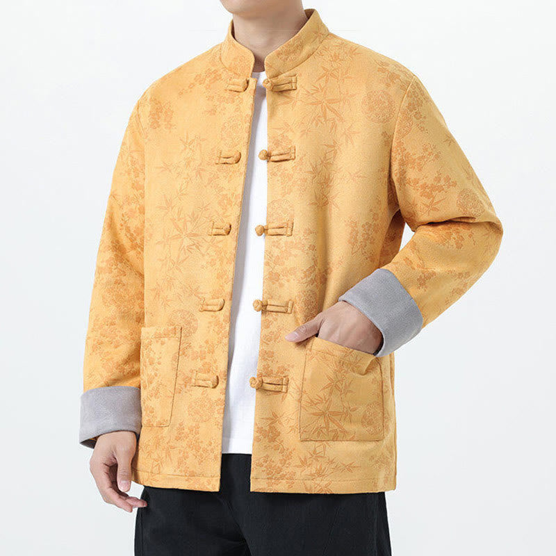 Kurtka męska z długim rękawem z bawełny Buddha Stones Fall Jacquard Bamboo Frog-guziki i kieszeniami - image 3