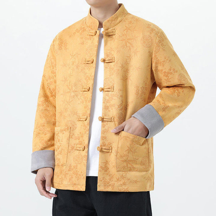 Kurtka męska z długim rękawem z bawełny Buddha Stones Fall Jacquard Bamboo Frog-guziki i kieszeniami - image 3