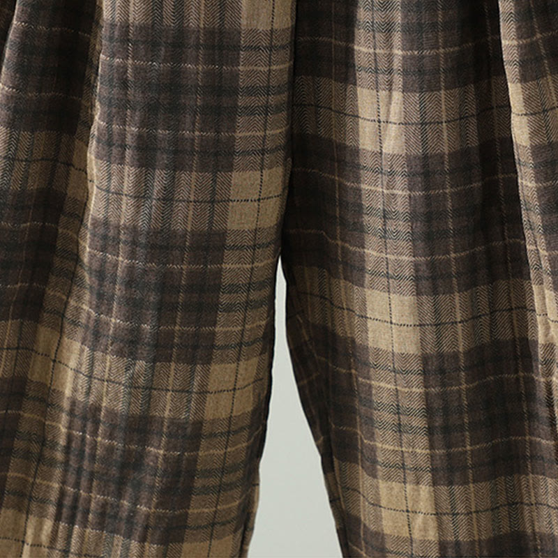 Damskie spodnie haremowe termiczne z bawełny z kieszeniami i wielokolorową kratą w Buddha Stones - image 6