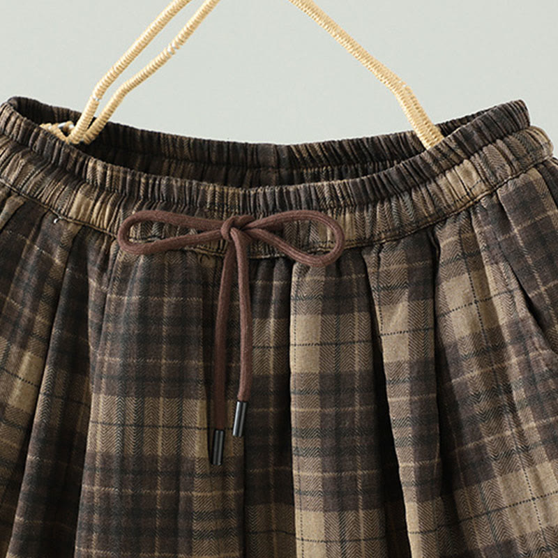 Damskie spodnie haremowe termiczne z bawełny z kieszeniami i wielokolorową kratą w Buddha Stones - image 2